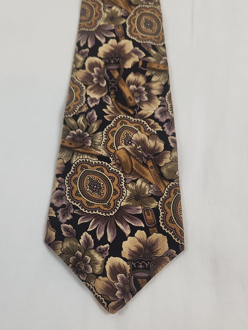 Men's Floral Paisley Tie in Black with Gold and Tan Accents